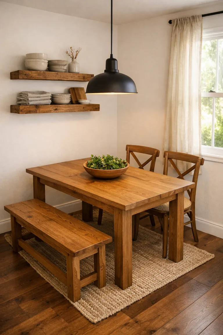 Small rustic dining room with a solid oak table, two wooden chairs, a bench, floating wood shelves, a jute rug, and a black pendant light with soft daylight from a window.