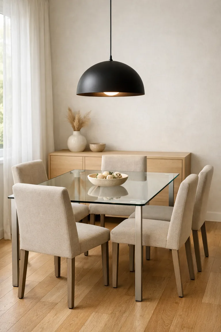 A small modern dining room with a glass-top table, four beige upholstered chairs, and a matte black pendant light, with a light wood sideboard against a white wall and daylight from a window with sheer curtains.