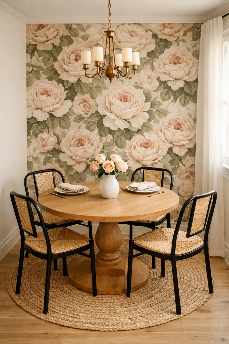Small dining room with a rose floral wallpaper accent wall, a round light-oak pedestal table, four black metal chairs with cane seats, a brass mini chandelier, and soft daylight through sheer curtains.