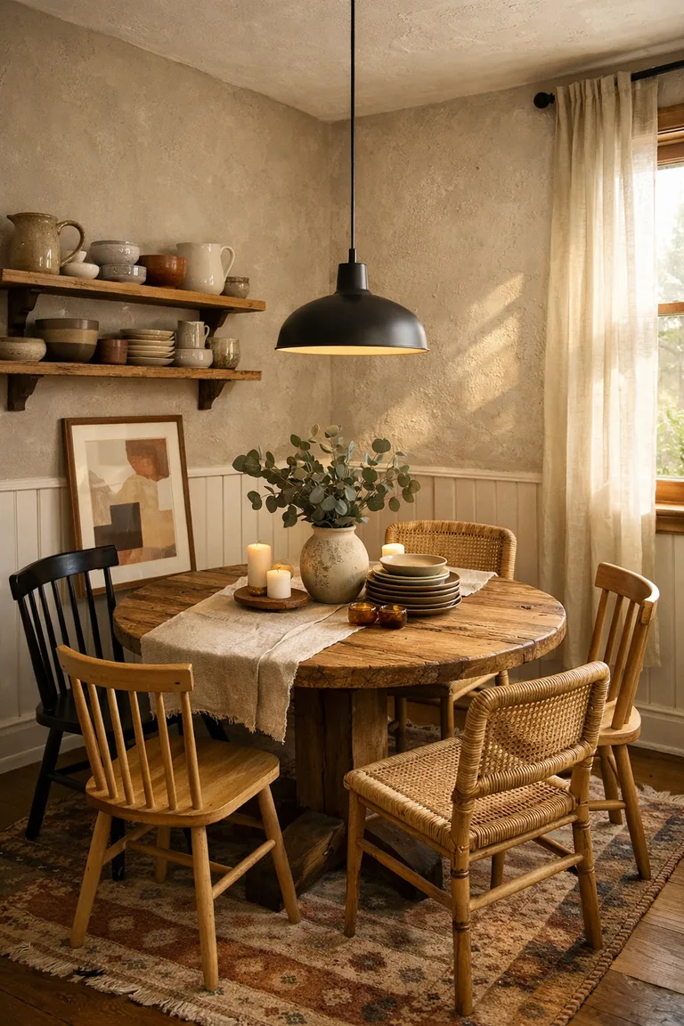 Small dining room with warm white shiplap wainscoting and textured plaster walls, a round reclaimed-wood table on a vintage rug, mixed chairs, and a black pendant light with sunlight through sheer curtains.