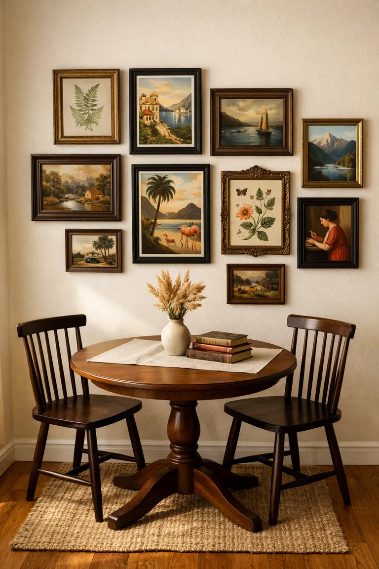 Small dining room with a round wood table, two chairs, and a vintage-style gallery wall of mismatched framed prints and paintings on a cream wall.