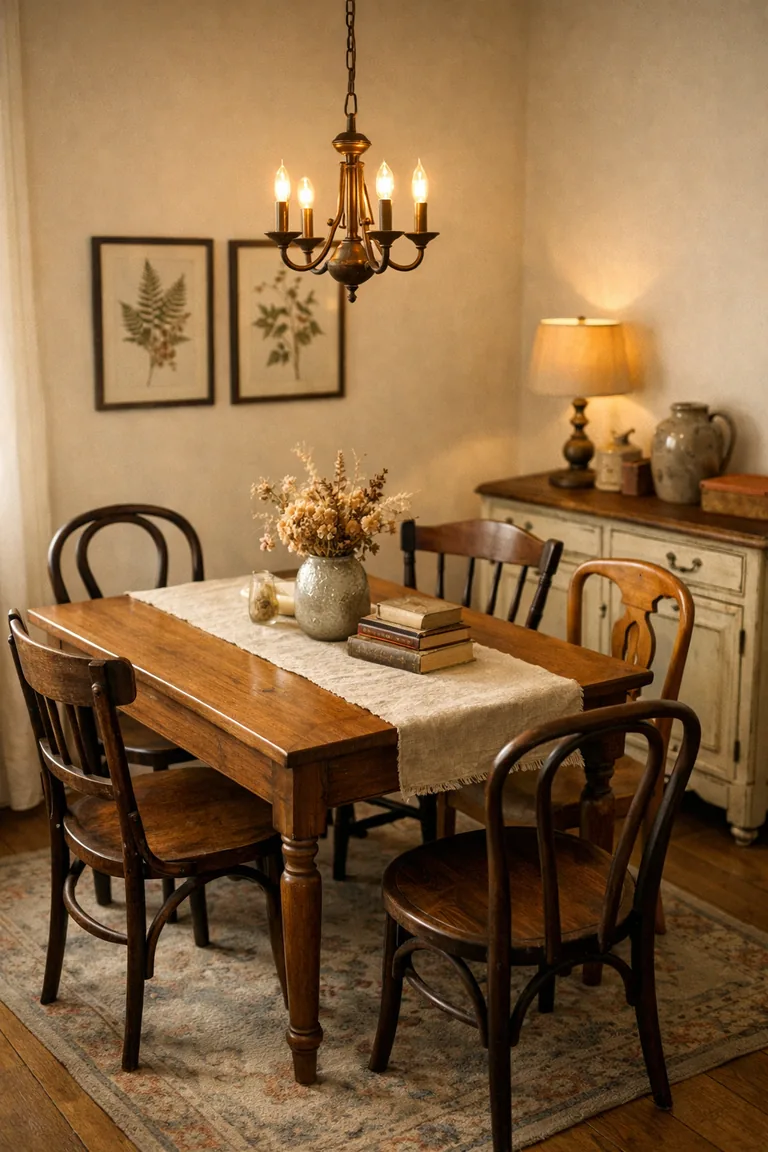 Small dining corner with a wooden table, four mismatched antique-style chairs, a brass chandelier, framed botanical prints, and a distressed cream sideboard.