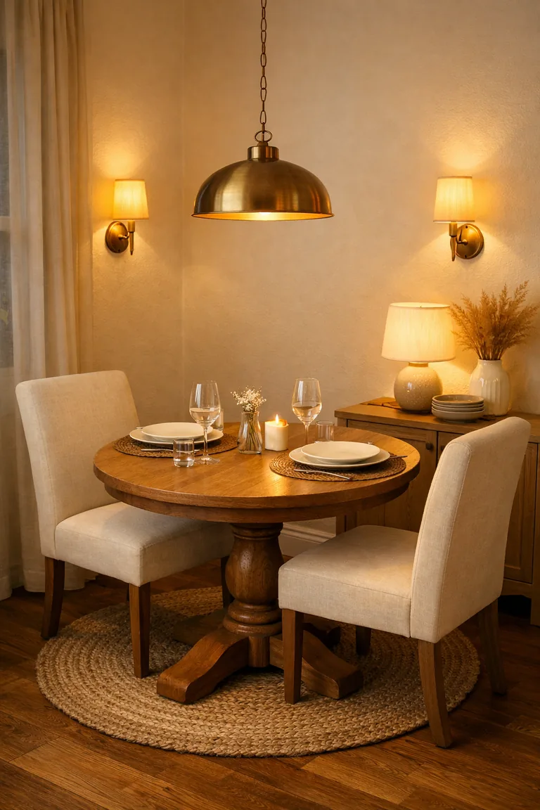 Small dining room with a round oak table for two, cream upholstered chairs, a brass pendant light, two brass wall sconces, and a sideboard with a lit table lamp.