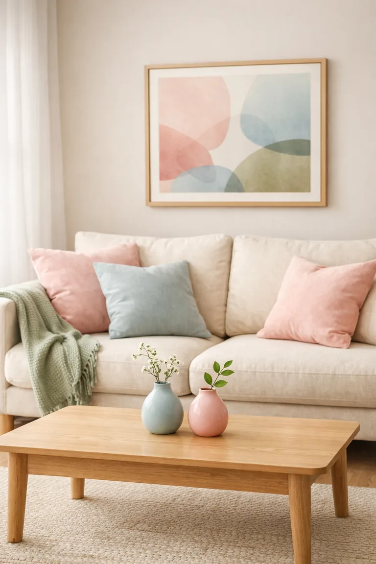 Cream linen sofa with blush and pale blue pillows, a sage green throw, a light oak coffee table with two pastel ceramic vases, and an abstract pastel artwork in a sunlit room with sheer curtains.