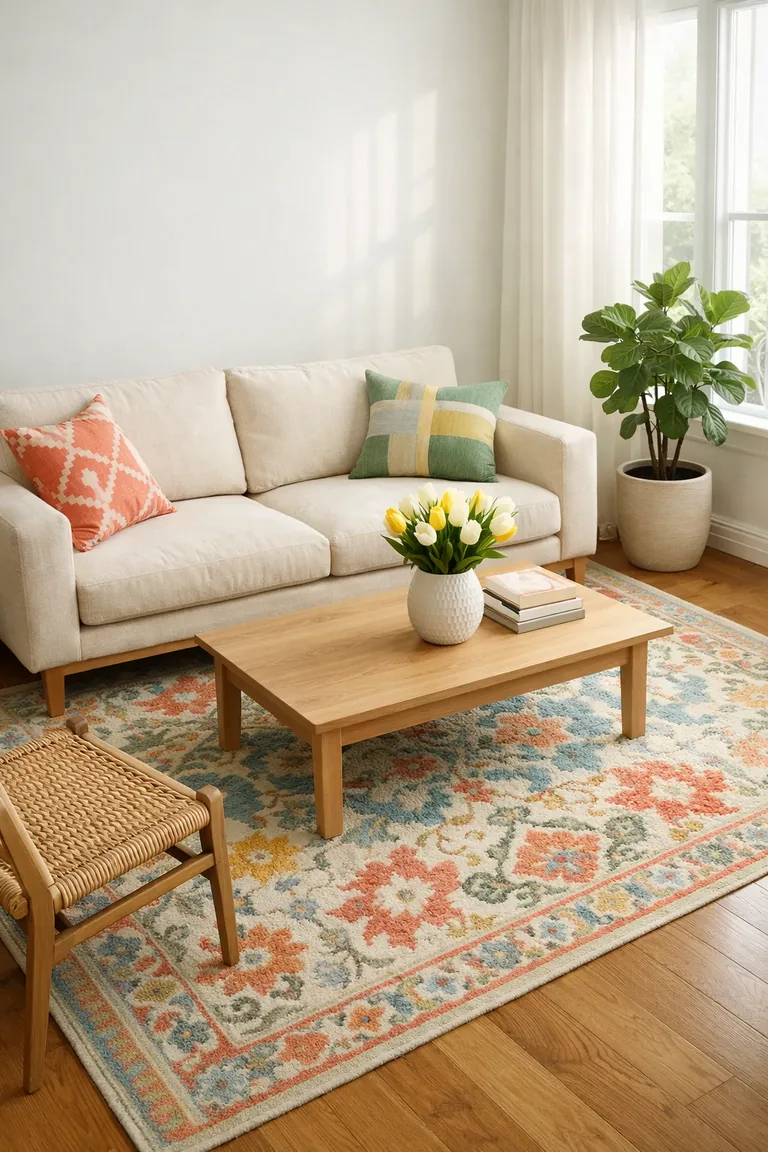 A bright living room with a cream sofa and light wood coffee table sitting on a colorful patterned area rug, with tulips, a rattan chair, and sunlight through sheer curtains.