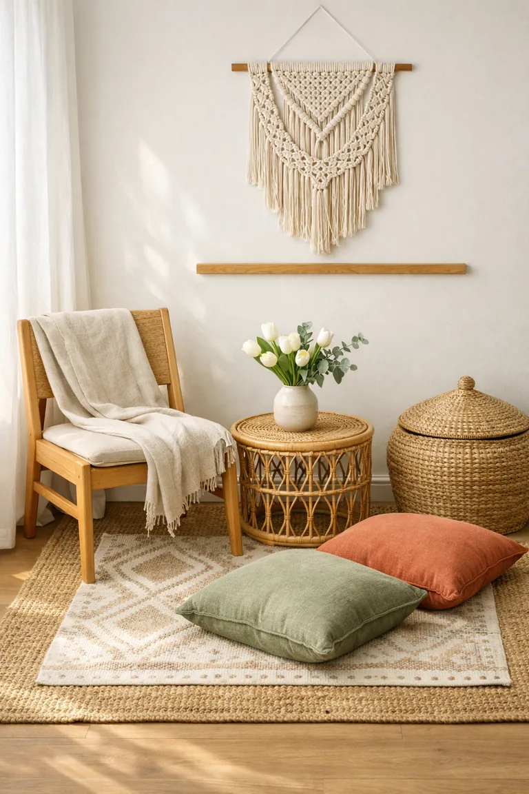 A boho living room corner with a light wood chair, rattan side table with tulips, macramé wall hanging, layered jute and patterned rugs, sage and terracotta floor cushions, and a woven basket by sheer curtains in sunlight.