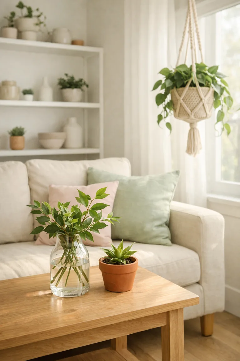 A sunlit living room corner with a cream sofa, a light wood side table holding a glass vase of green cuttings and a terracotta potted plant, open shelving with small plants, and a macramé hanging planter by a sheer-curtained window.