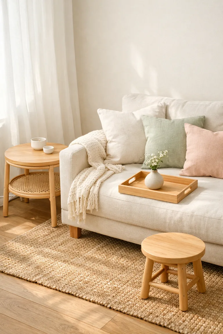 A cream sofa beside a light oak rattan side table, with a pale wooden tray and a small light wood stool on a jute rug in soft natural sunlight.