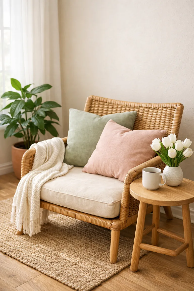 A woven rattan chair with pastel pillows and a cream throw sits beside a small oak side table with a mug and white tulips, on a jute rug near a sheer-curtained window and a potted green plant.