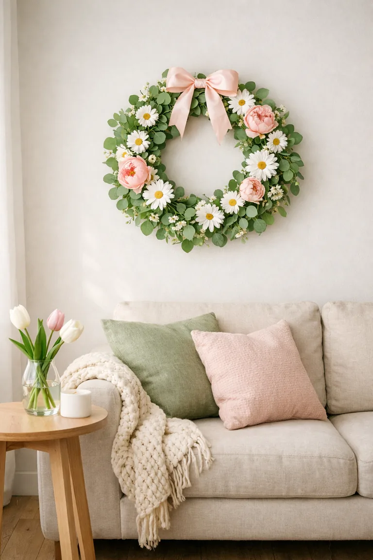A spring floral wreath with greenery and a pastel ribbon hangs above a beige sofa with soft pillows and a knit throw, next to an oak side table with tulips and a candle.