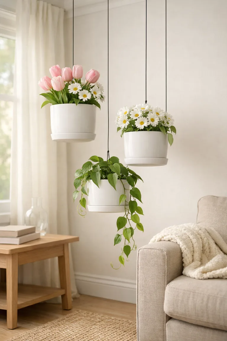 Three white ceramic hanging planters with spring flowers and trailing greenery hang by black cords in a bright living room corner beside a window with sheer curtains.