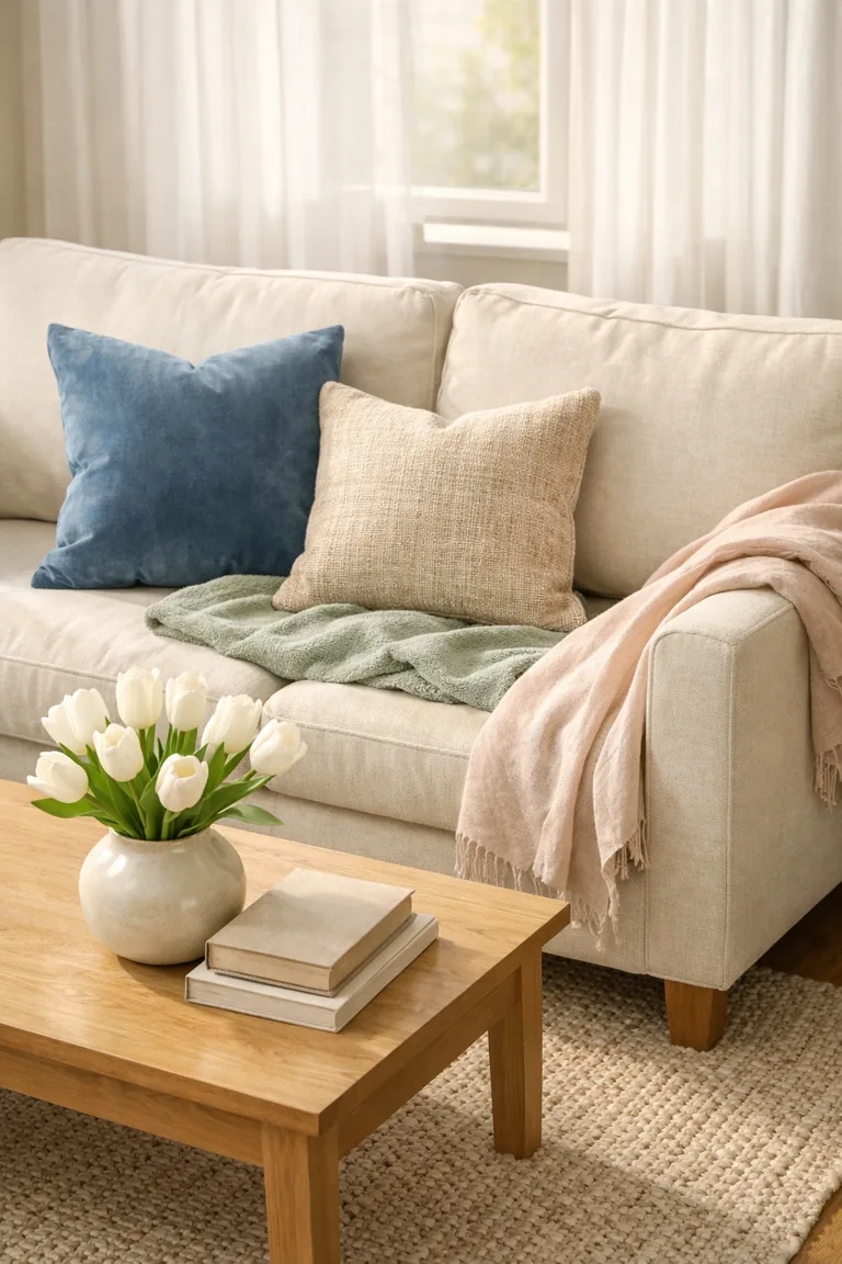 Cream linen sofa with a blush linen throw, a sage cotton blanket, and velvet and linen pillows beside a light oak coffee table with white tulips in a ceramic vase.