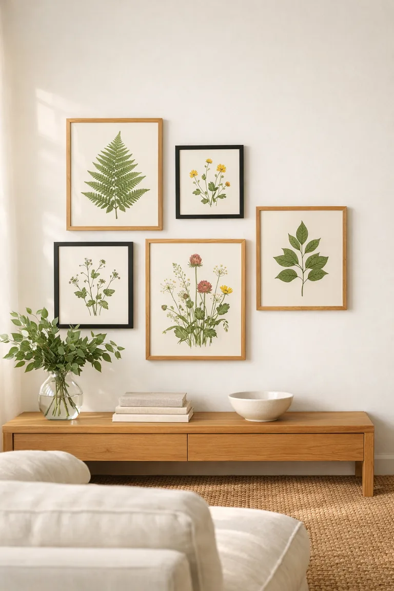 A bright living room wall with a small gallery of framed botanical prints above a white oak console styled with a glass vase of greenery, neutral books, and an off-white ceramic bowl, with a cream sofa edge and jute rug below.