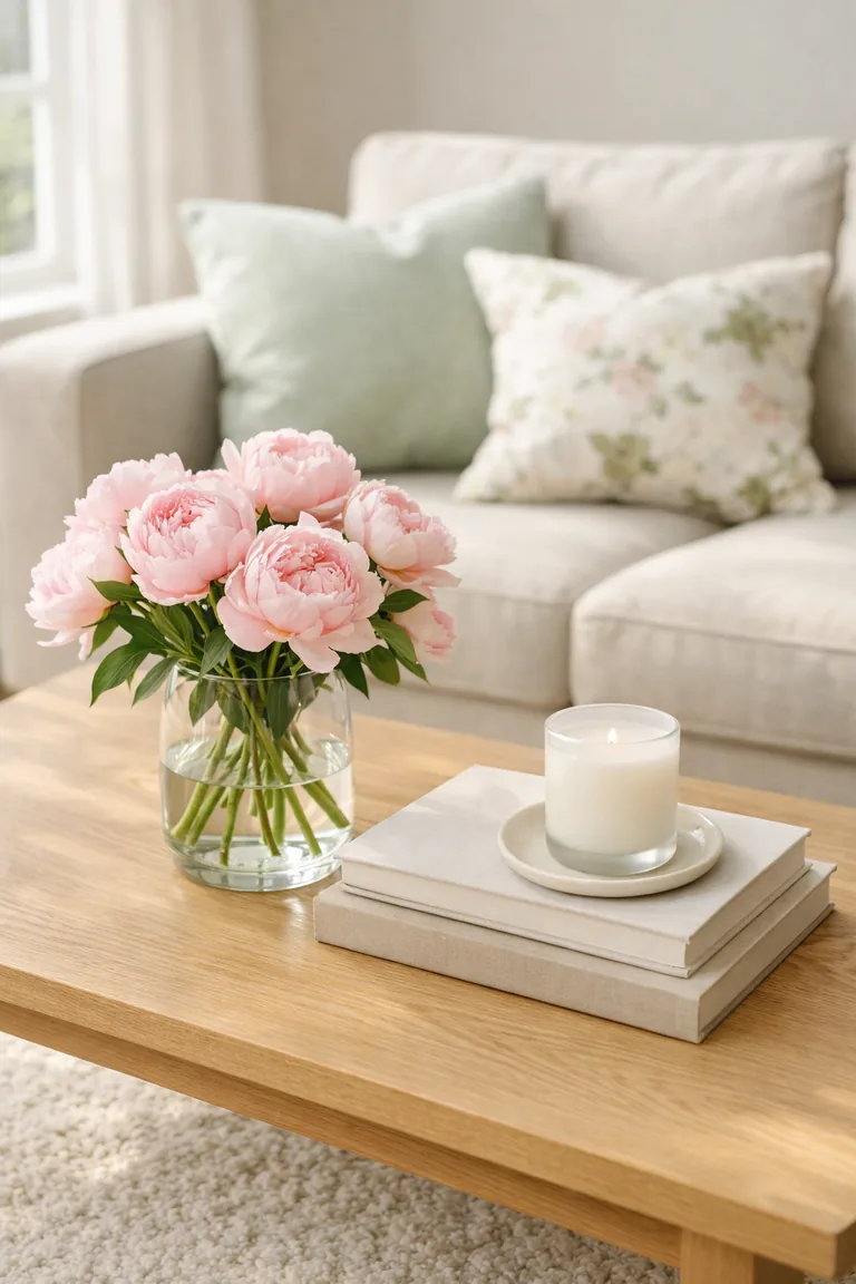 Light oak coffee table styled with a clear vase of pink peonies, a small stack of neutral books, and an ivory candle on a ceramic tray, with a beige sofa and pillows in the background.