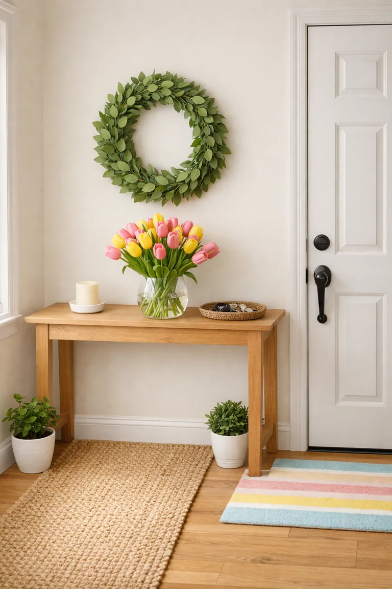 A spring-styled entryway with a light oak console table, tulips in a glass vase, a round green wreath on the wall, potted plants, and a pastel striped doormat by a white front door.