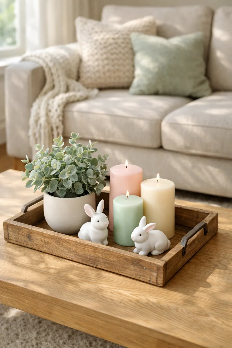 A rustic wooden tray on a light oak coffee table holds faux eucalyptus in a white pot, pastel pillar candles, and two white ceramic bunny figurines, with a neutral sofa blurred in the background.