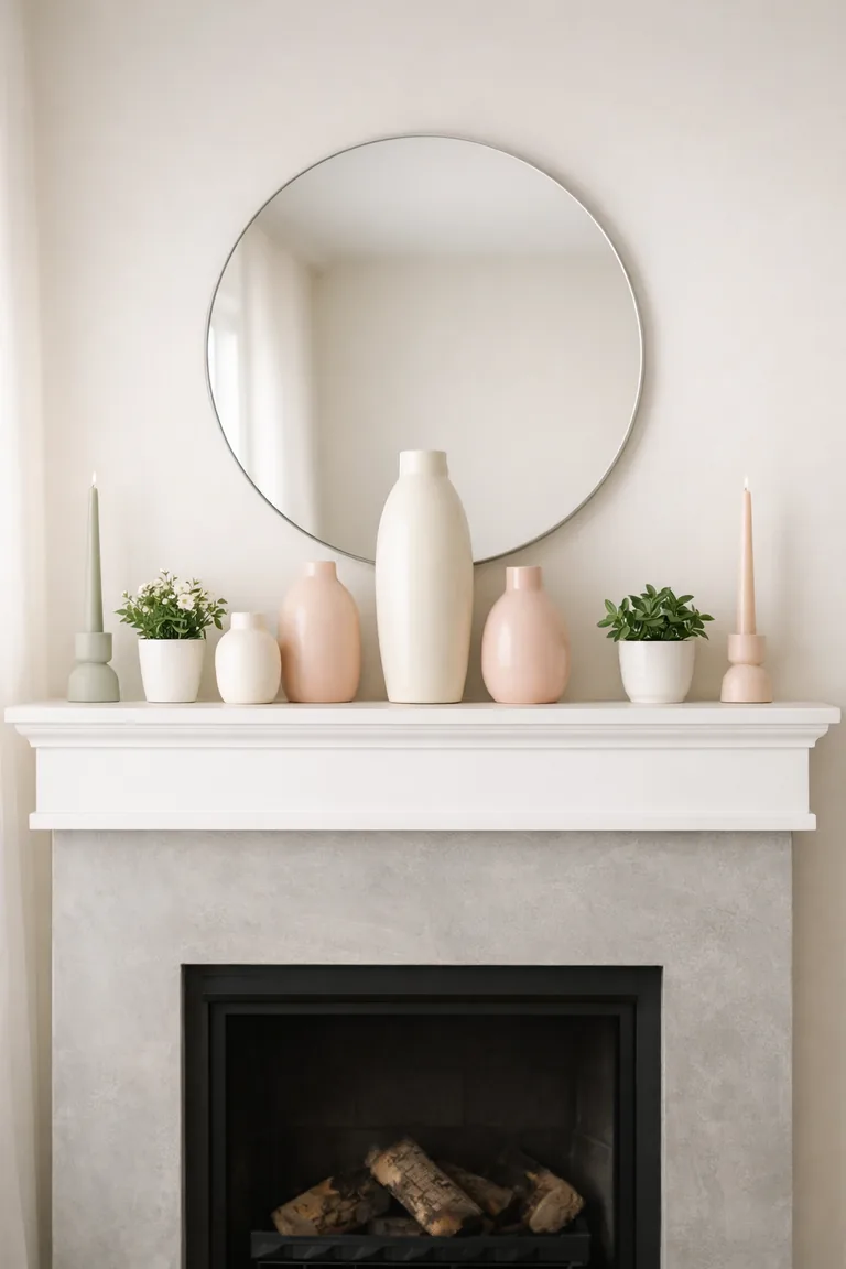 A modern fireplace mantel with a centered round mirror, minimalist white and blush ceramic vases, two small potted plants, and pastel candle holders arranged symmetrically in soft daylight.
