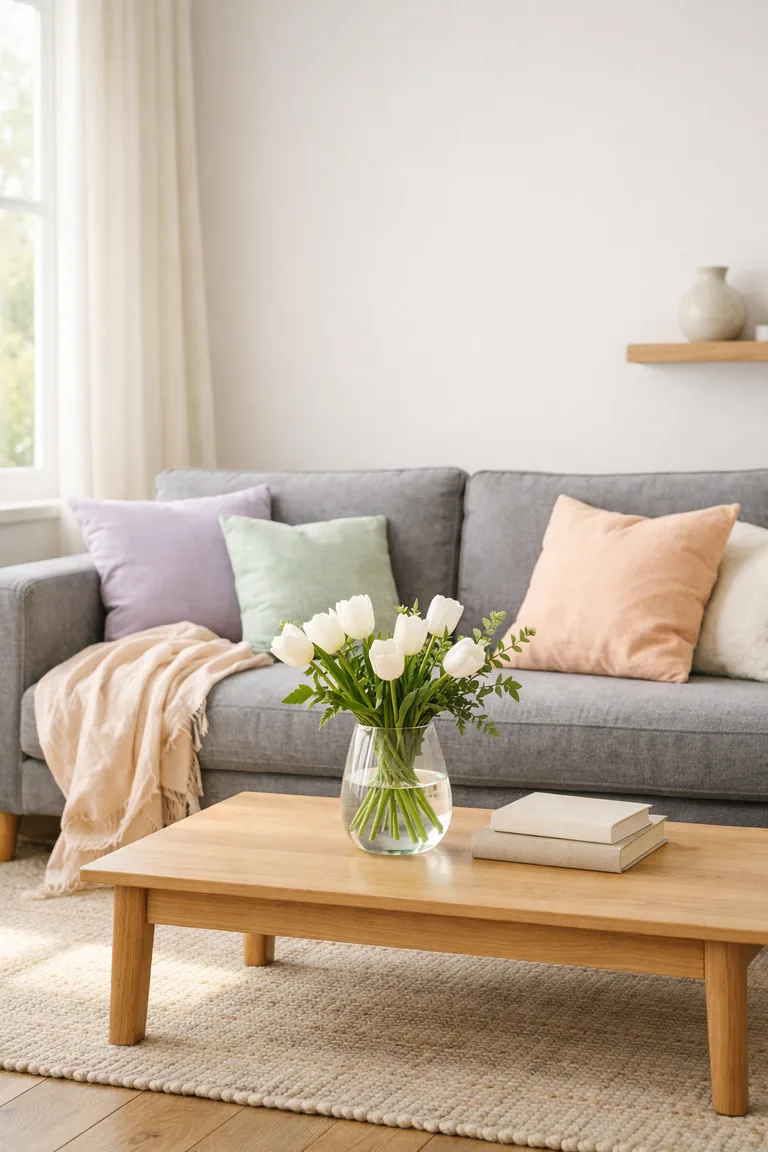 Medium-gray sofa with lavender, mint, and peach pillows and a pale peach linen throw, facing a light oak coffee table with a glass vase of white tulips in a bright room with sheer curtains.