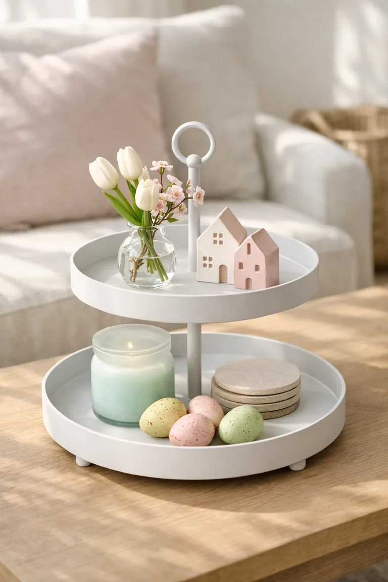 A white two-tier tray on a light wood coffee table styled with faux flowers, tiny ceramic houses, a pastel candle, coasters, and small decorative eggs in a bright living room.