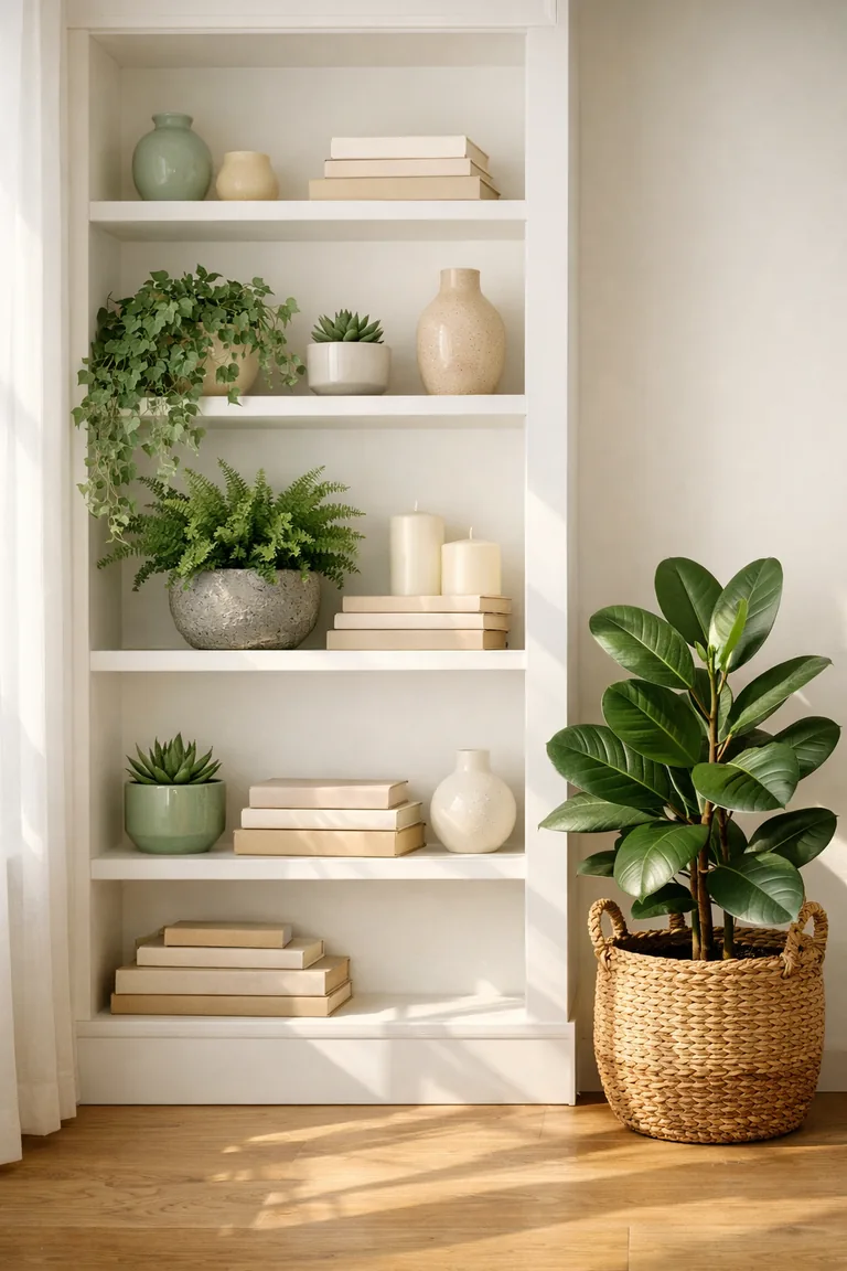 A white built-in shelving unit styled with potted succulents, trailing ivy, a fern, neutral books, candles, and ceramic vases, with a rubber tree in a woven basket on a light wood floor beside the shelves.