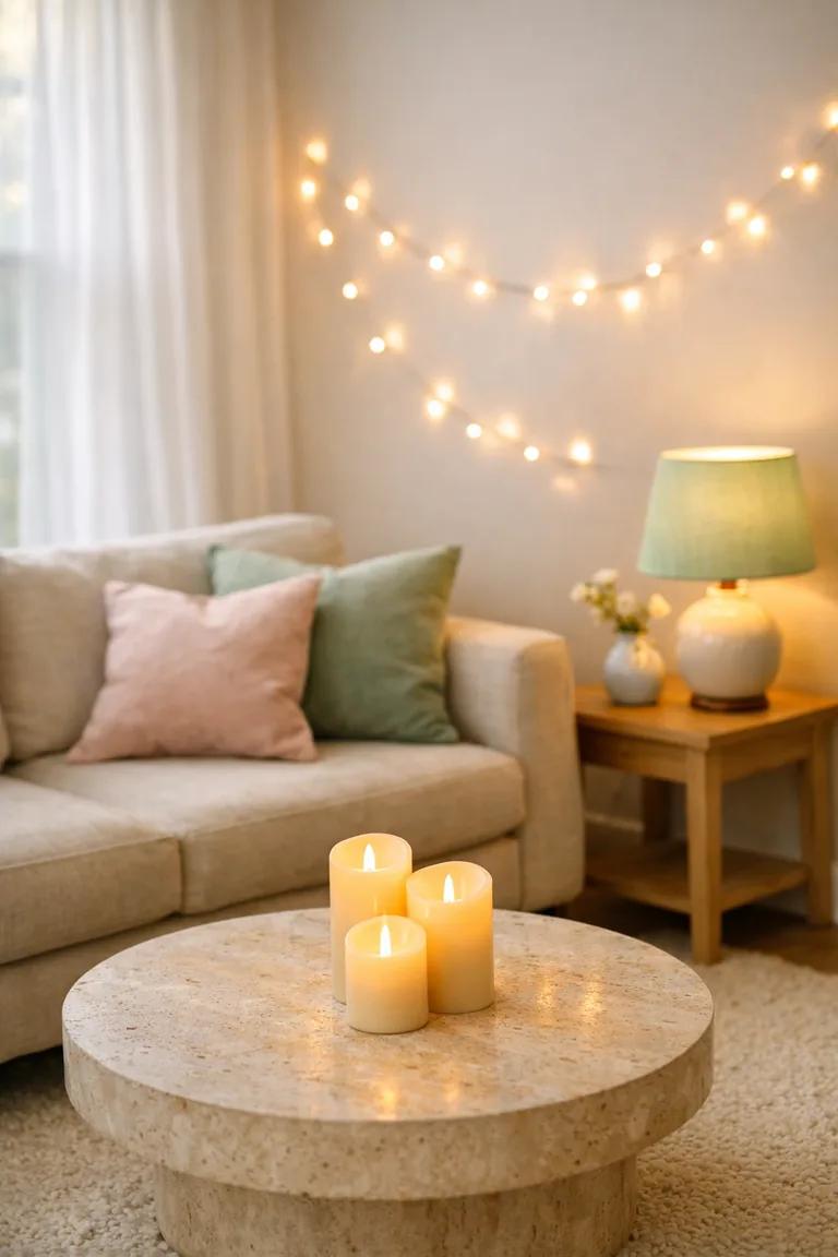 A light beige sofa with blush and sage pillows sits beside a pale oak side table with a pastel mint lamp, with warm string lights on a white wall and ivory flameless candles on a travertine coffee table.