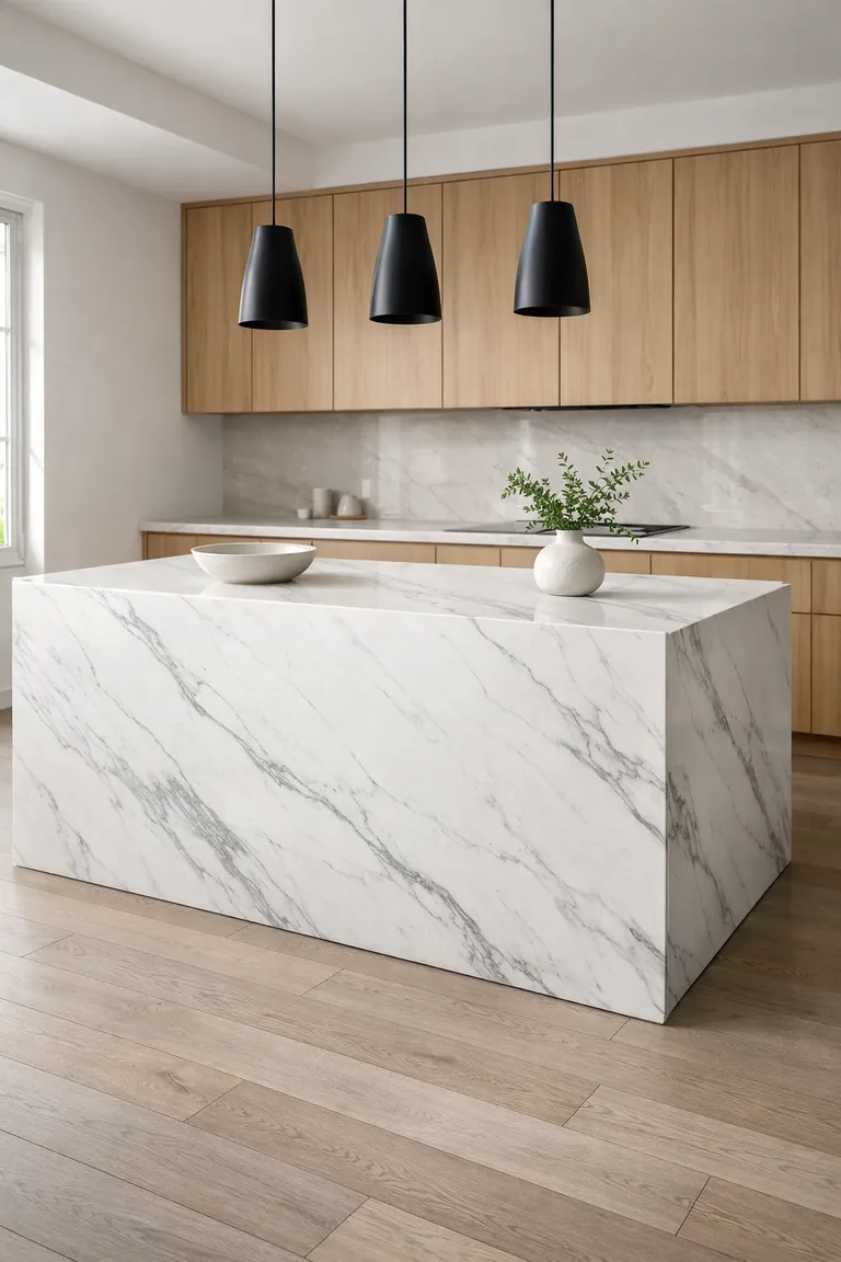 Modern kitchen with a white marble waterfall-edge island, oak cabinets, black pendant lights, and a small bowl and greenery on the countertop.