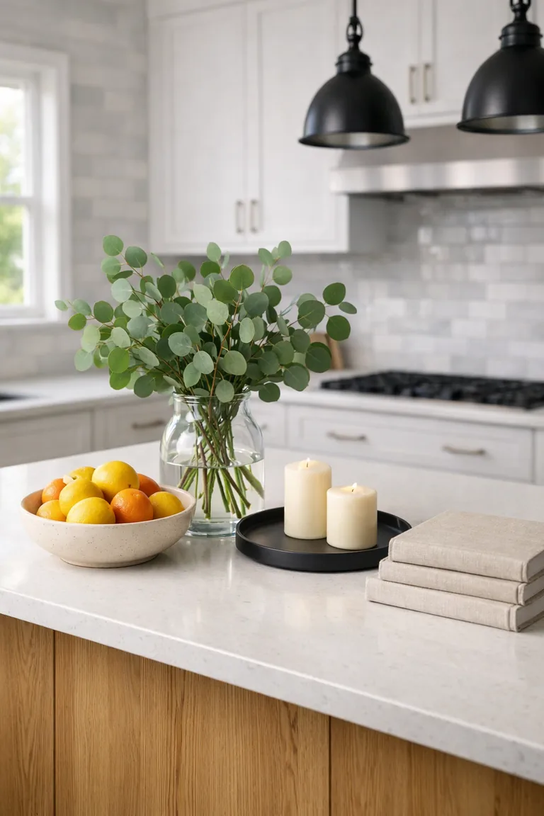 A white quartz kitchen island styled with a glass vase of eucalyptus, a ceramic bowl of citrus fruit, two ivory candles on a black tray, and a small stack of neutral cookbooks, with a bright white kitchen softly blurred in the background.