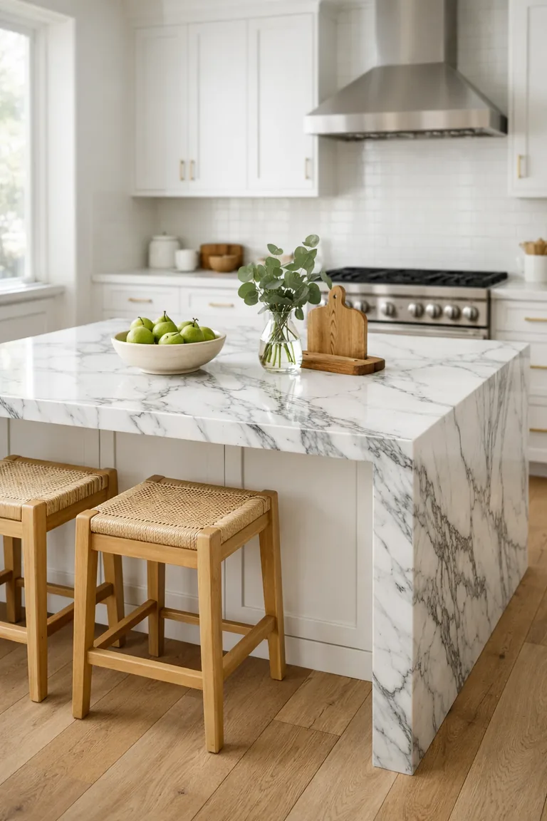 Bright kitchen with a large white marble waterfall-edge island with gray veining, warm white cabinetry, light oak stools, and minimal decor on the countertop.