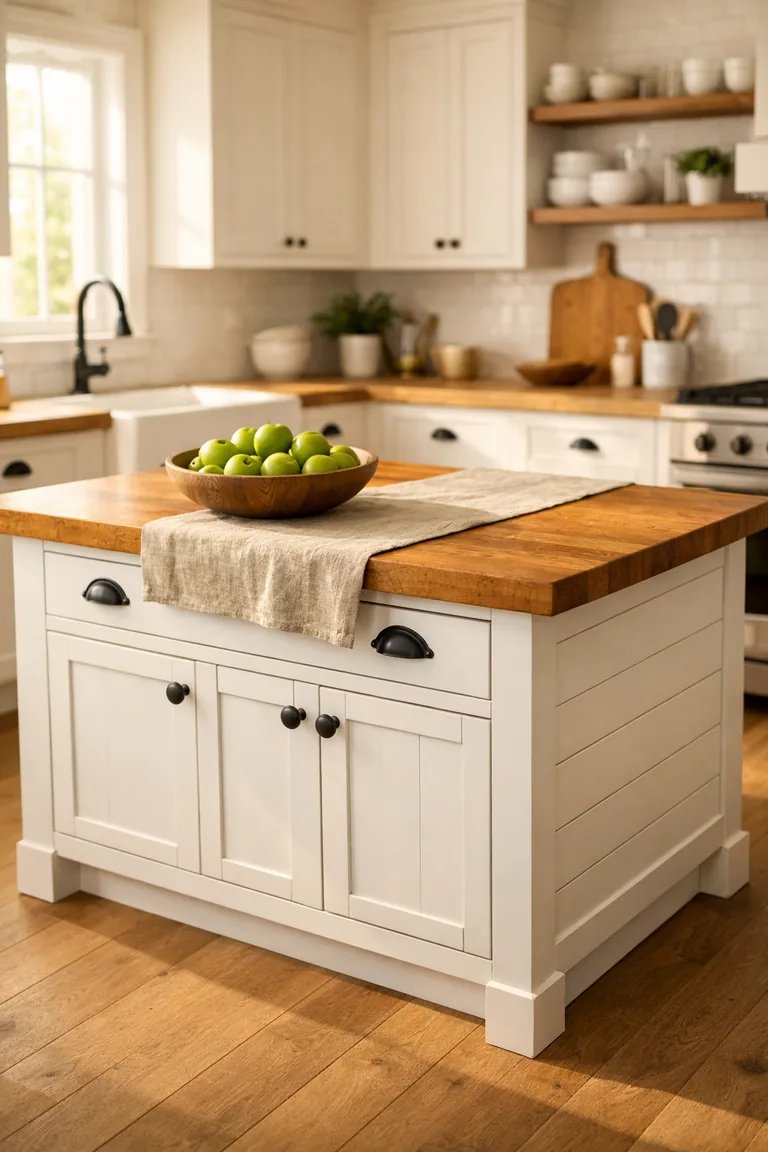 A white shiplap kitchen island with a thick butcher block top and matte black hardware in a warm farmhouse kitchen with light wood floors and soft natural light.