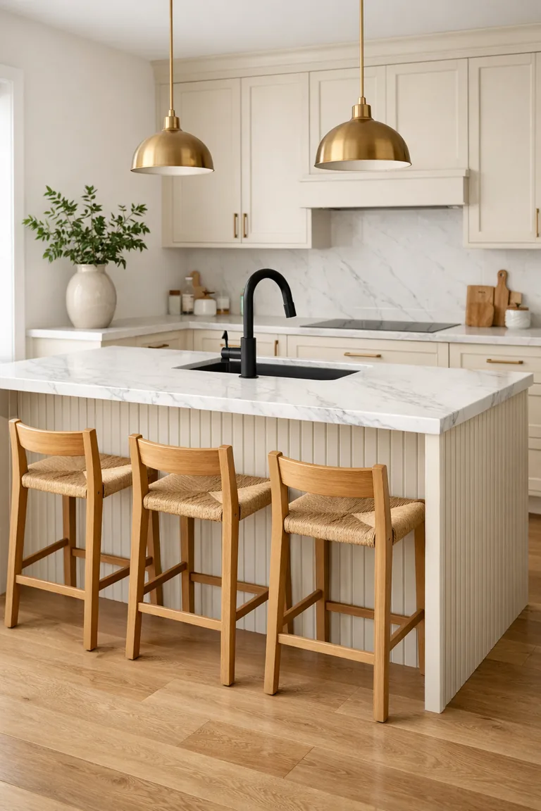 A warm off-white fluted kitchen island with a white veined marble waterfall countertop, black faucet and sink, and three oak stools beneath brass pendant lights.