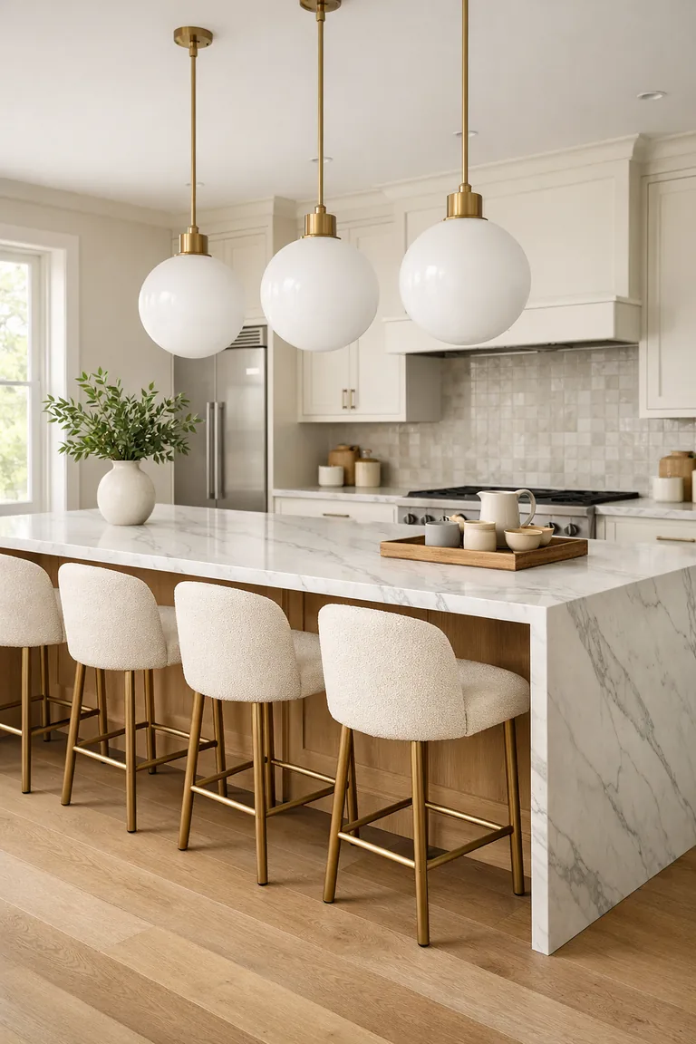 A large marble waterfall kitchen island with four cushioned stools and three globe pendant lights, set in a bright white kitchen with oak flooring.