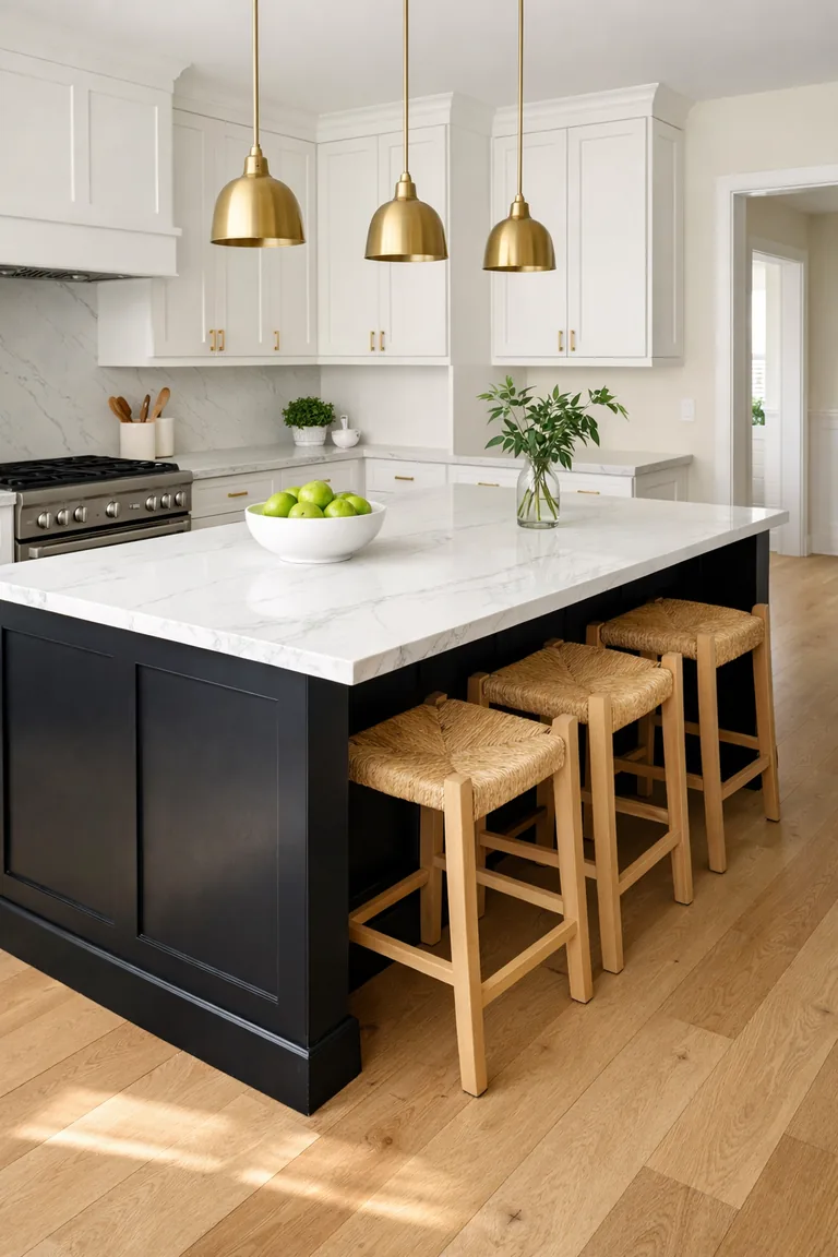 A bright white kitchen with a matte black island topped with white marble, three light oak stools, and brass pendant lights overhead.