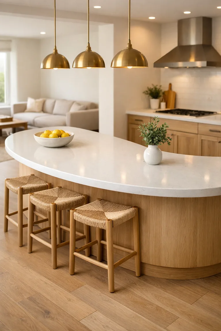 An open-plan kitchen with a curved island featuring a white quartz waterfall countertop, light oak base, and three woven-seat stools under warm brass pendant lights.