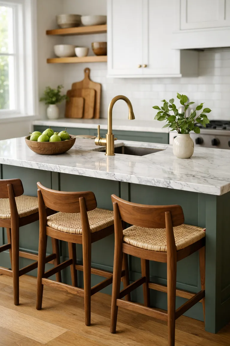 Deep sage-green kitchen island with a light quartz countertop, brass faucet and hardware, walnut stools, and white cabinets in soft daylight.