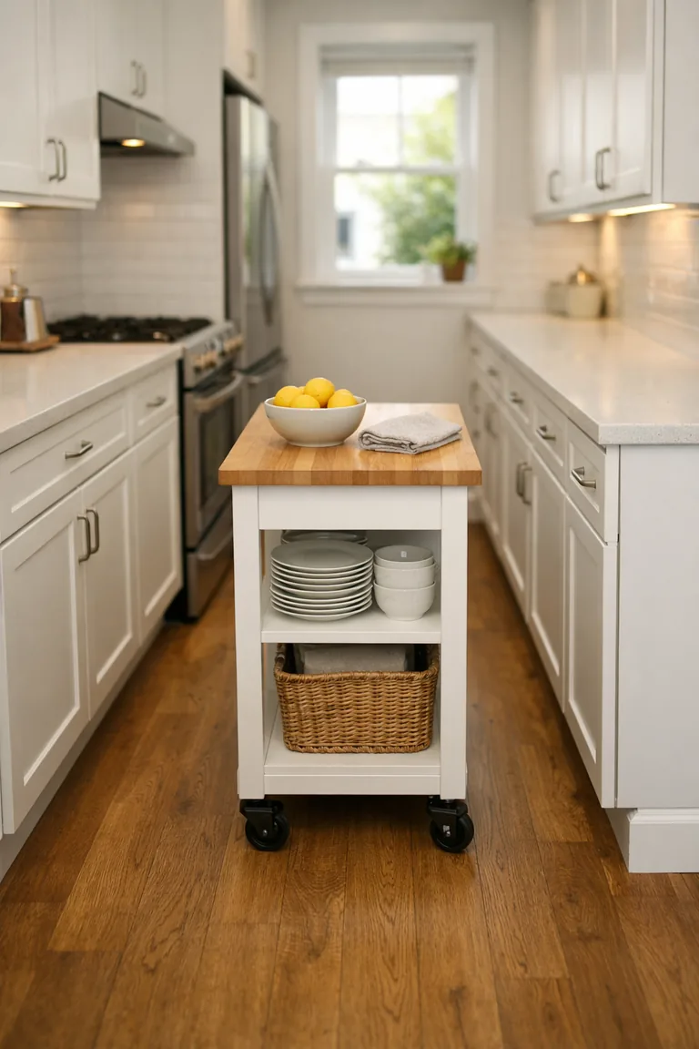 A small galley kitchen with a narrow rolling island featuring a light wood top, white base, and open shelf storage between white cabinets and quartz counters.