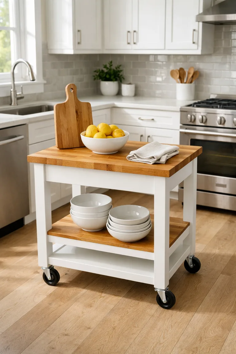 A small kitchen with a white rolling island cart featuring a butcher-block top, open shelf with stacked bowls, and black caster wheels, styled with a cutting board, lemons, and a linen towel.