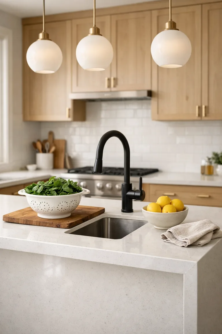 White quartz waterfall kitchen island with an undermount stainless steel sink and matte black gooseneck faucet, styled with a cutting board, ceramic colander of greens, lemons, and a linen towel; oak cabinets and white tile backsplash behind.