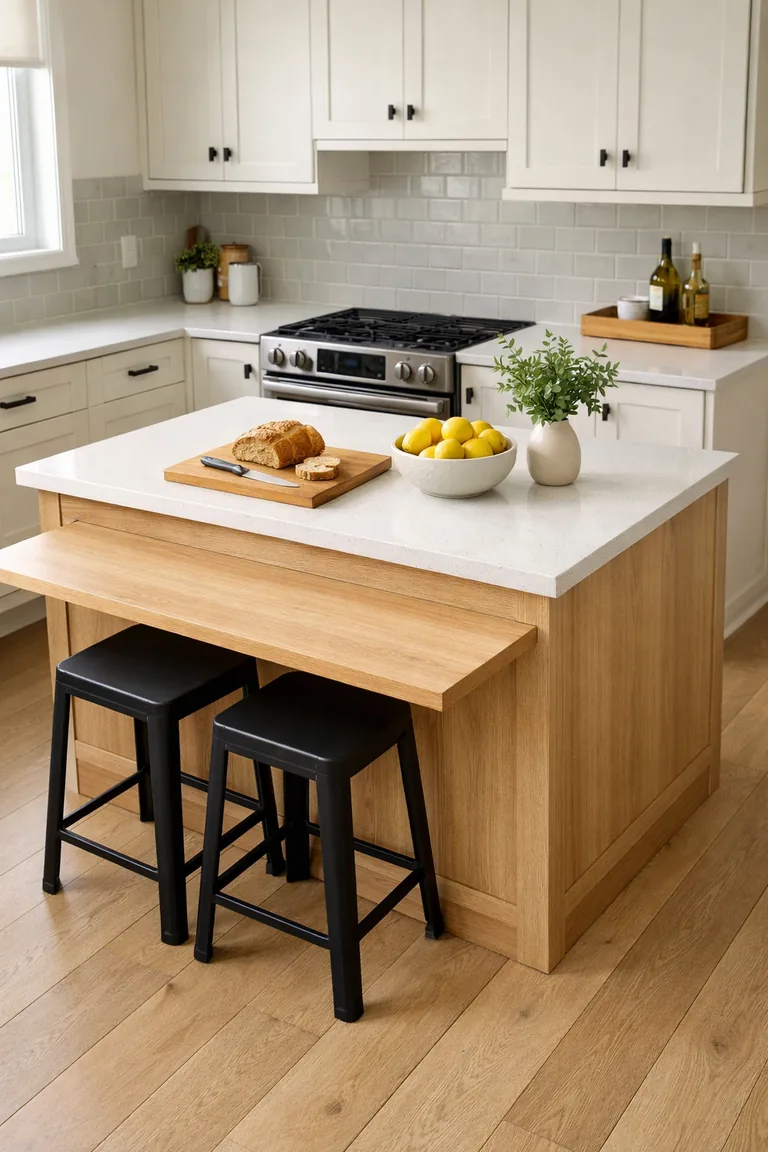 A compact white quartz kitchen island with a light oak base connected to an oak table extension with two black metal stools, styled with a cutting board, bowl of lemons, and small greenery vase.