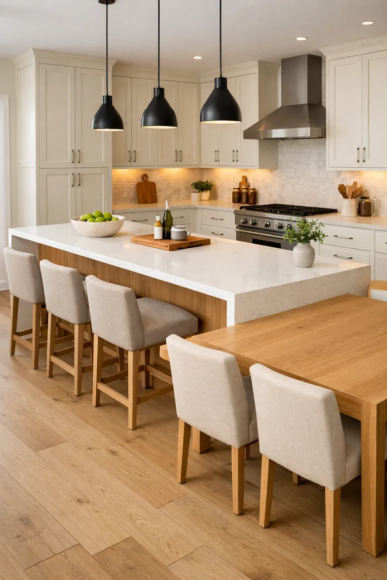 A white oak kitchen island with a quartz waterfall top and a matching attached dining table, with four upholstered chairs and three counter stools in an open-concept kitchen.