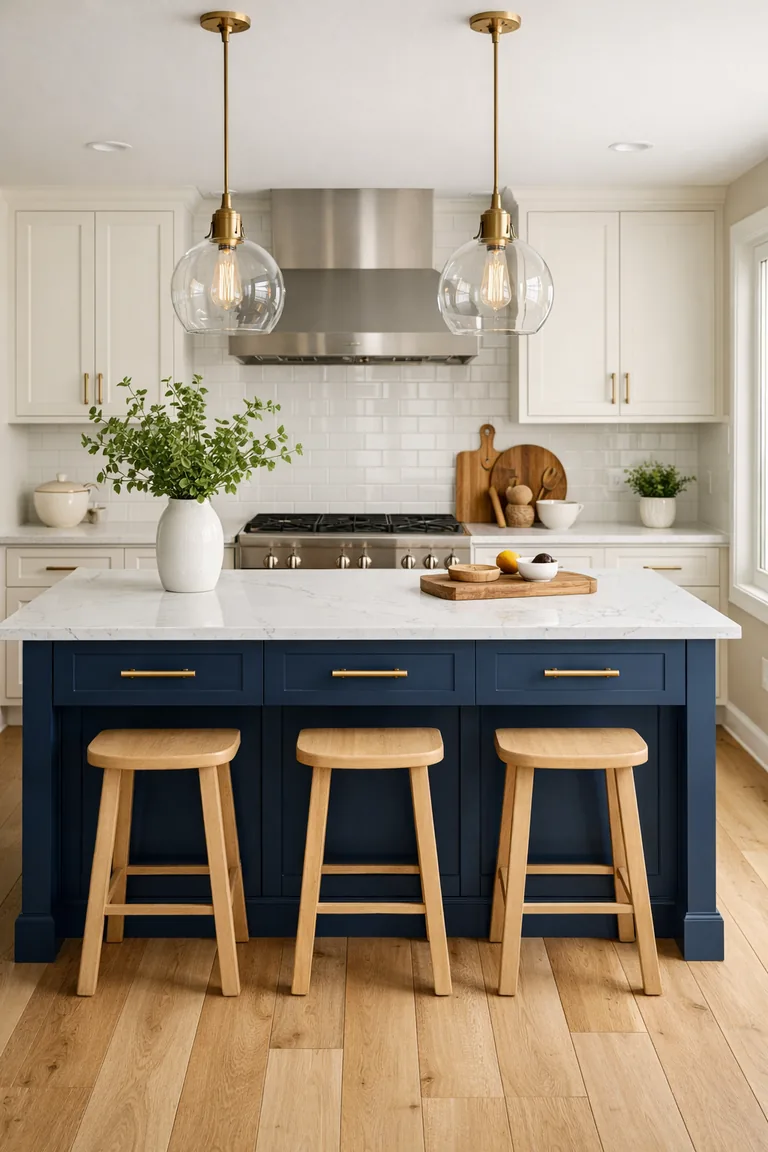 A bright kitchen with a navy blue island topped with white veined quartz, three wood stools, white cabinets, subway tile backsplash, and glass pendant lights above.