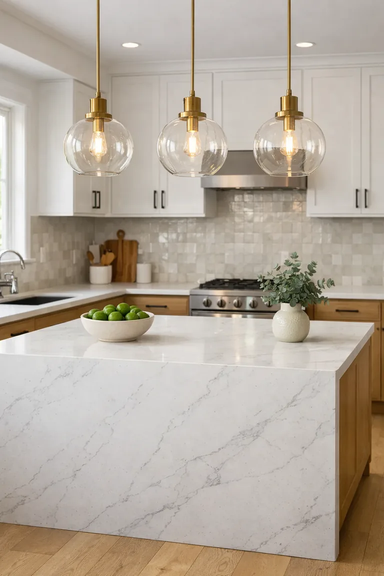 A bright kitchen with a white quartz waterfall island and three brass-and-glass pendant lights hanging above it.