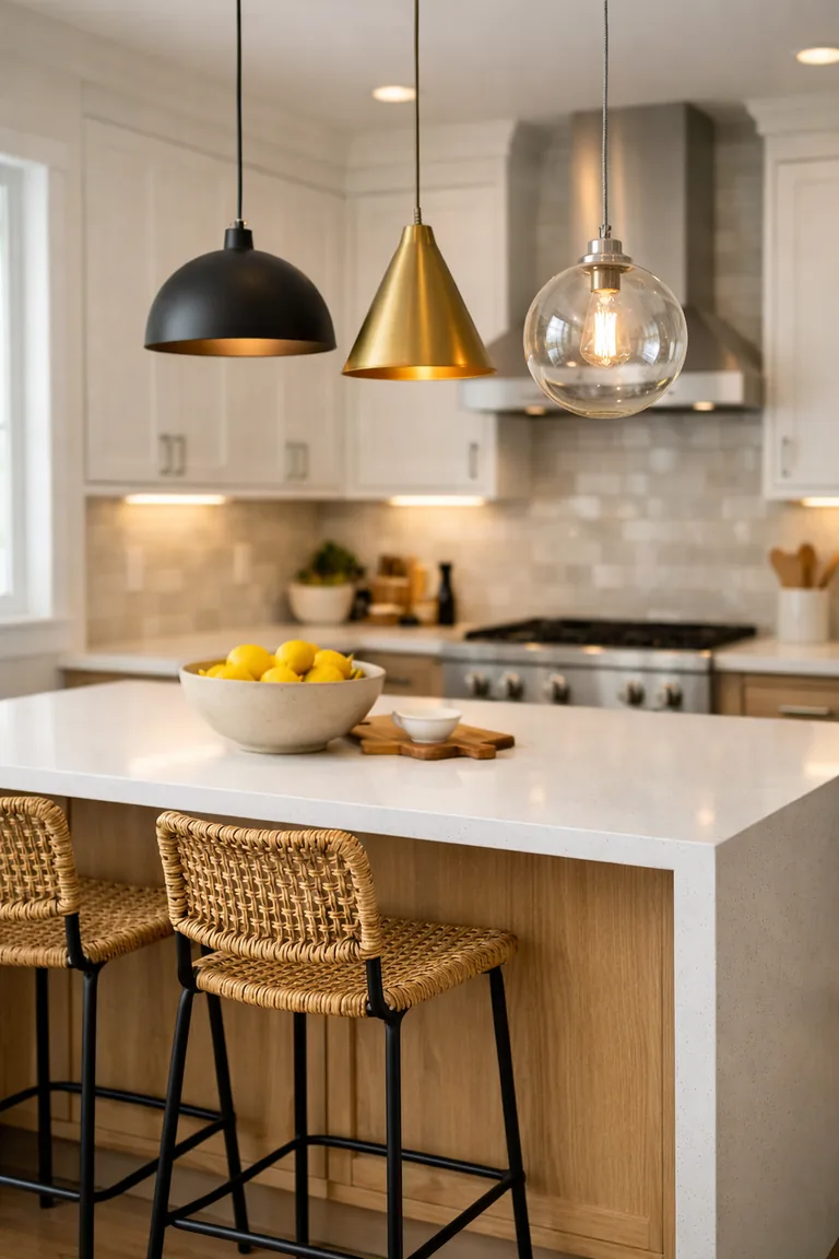A modern kitchen island with a white quartz waterfall top, two woven stools, and three mismatched pendant lights: a black dome, a brass cone, and a clear glass globe.