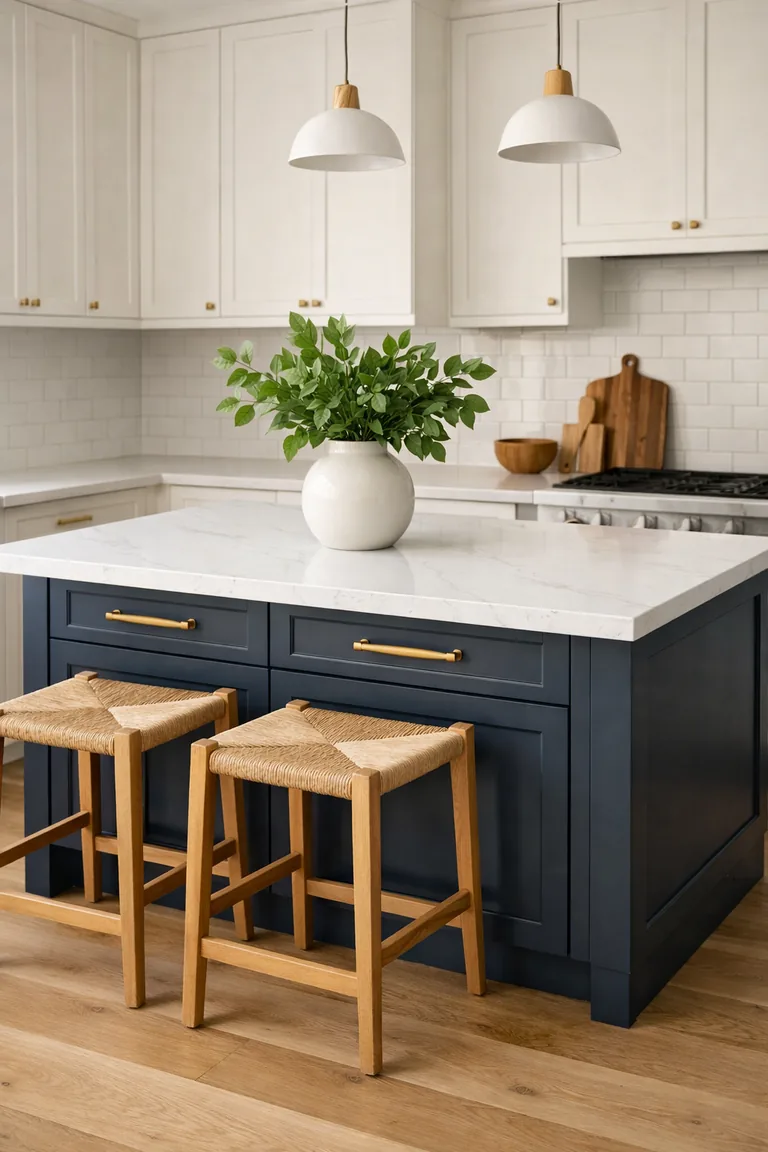 A portrait-view kitchen with a matte navy island featuring brass pulls, a white quartz countertop, warm white cabinets, light oak floors, and two wooden stools with woven seats.