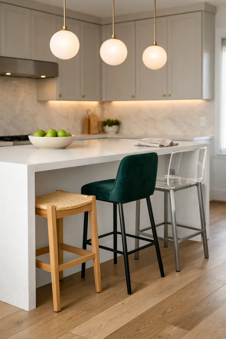 A white quartz waterfall kitchen island with three bar stools: a woven cane seat stool, an emerald velvet stool with black legs, and a clear acrylic stool, lit by warm pendant lights.