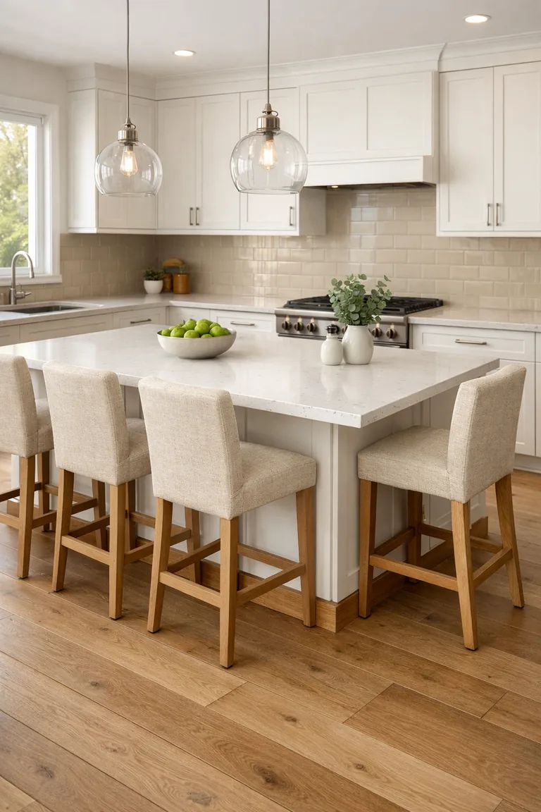 A warm white kitchen with a quartz-topped island and stools arranged along one long side and one short side, lit by glass pendant lights.