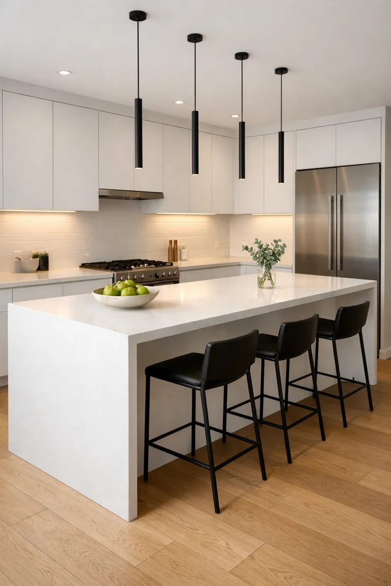 Modern kitchen with a white quartz waterfall island, matte white flat-panel cabinets, integrated stainless appliances, black pendant lights, and black bar stools on light oak floors.