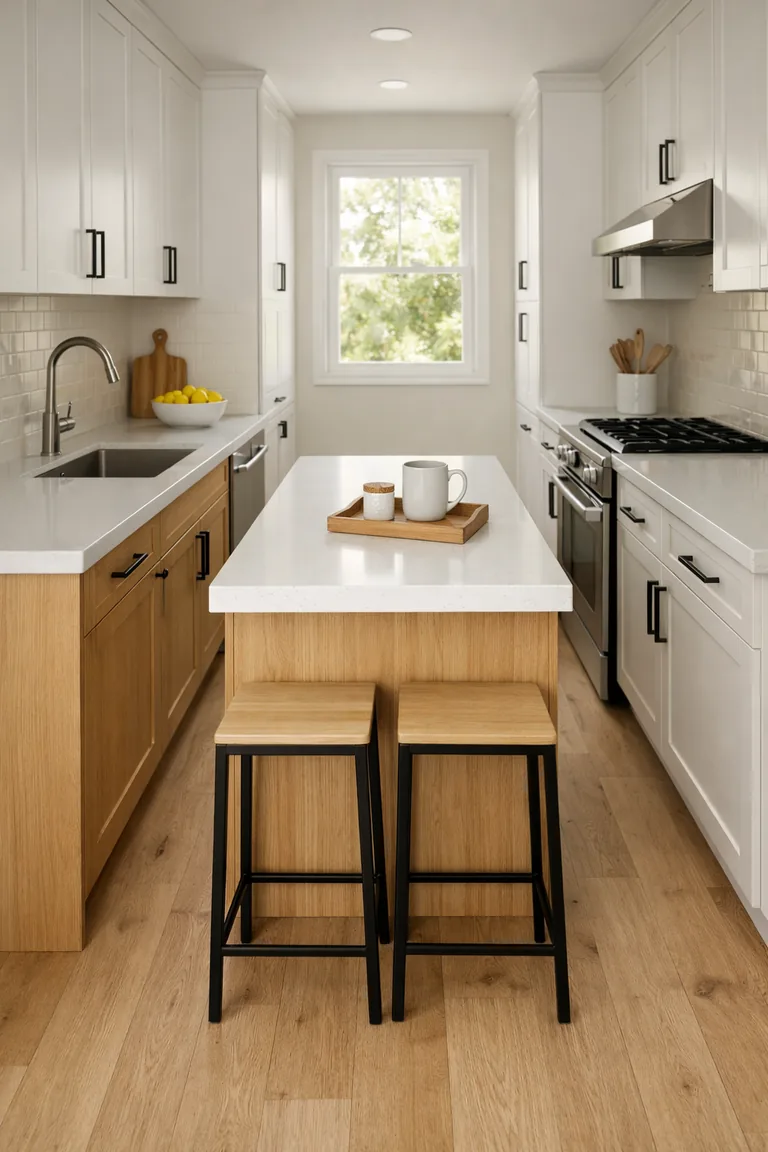 A bright galley kitchen with a slim light-oak island topped in white quartz, two backless stools, white cabinets, black hardware, and a subway tile backsplash lit by soft daylight.