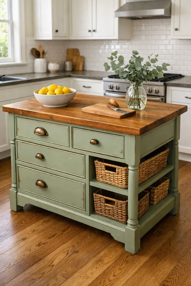 A sage green repurposed dresser kitchen island with a butcher-block top, brass hardware, and open shelves with baskets in a bright white kitchen.