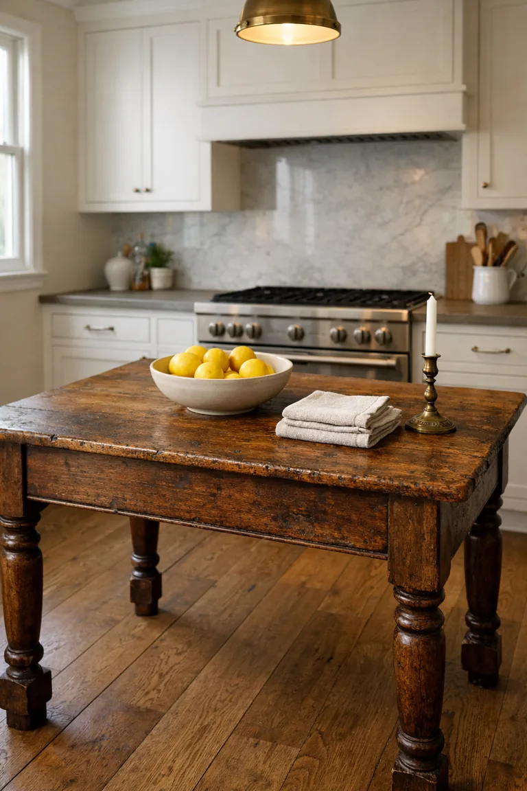 An antique wooden worktable used as a kitchen island in a bright kitchen with white cabinets, oak floors, and simple styling on top.