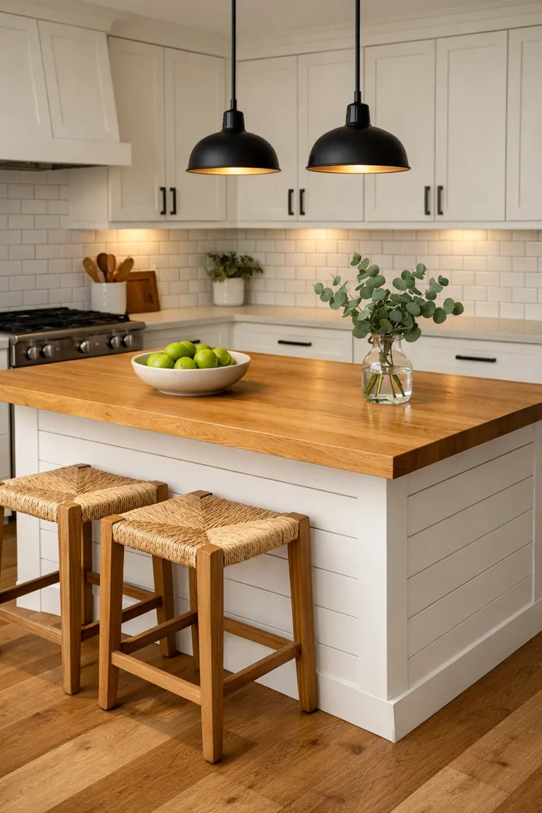 White shiplap kitchen island with a light oak butcher-block top, black pendant lights overhead, woven rattan stools, and a bowl of green apples on the counter.